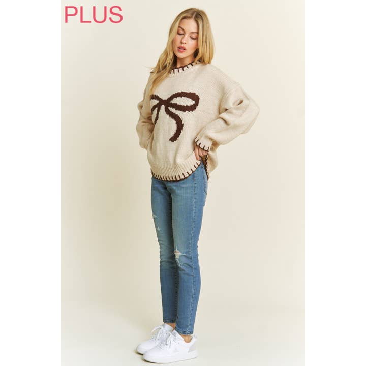 Sweet Generis - Wholesale Knit Sweater - Women's - PLUS HOLIDAY BIG BOW SWEATER PULLOVER WITH CONTRAST EDGE STI6