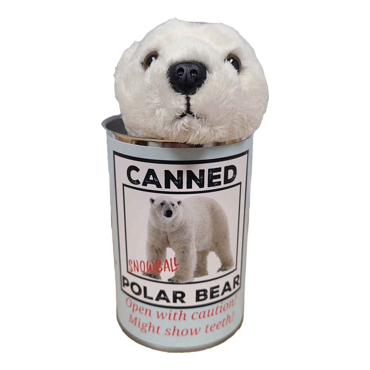 Canned Gifts - Vente Peluche – enfant et bébé - Peluche en peluche Snowball l'ours polaire en conserve avec blagues5