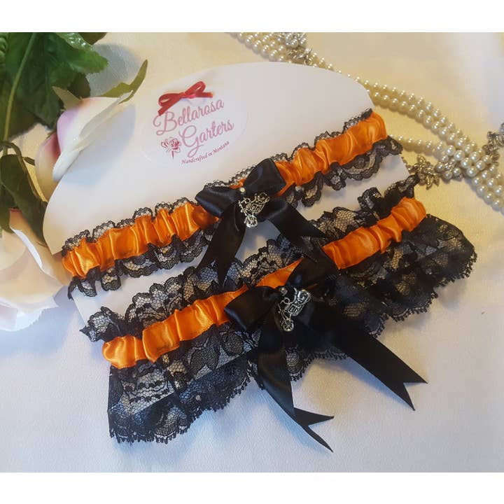 Orange and Black Biker Chopper Wedding Garter Set for wholesale by Bellarosa Garters