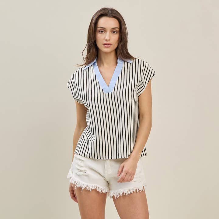 IVORY BLUE Striped top with contrast collar for wholesale on Faire