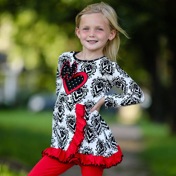 AnnLoren - Wholesale Top & Leggings Set - Kids - AnnLoren Heart Damask Valentines Day Girls Clothing Set2