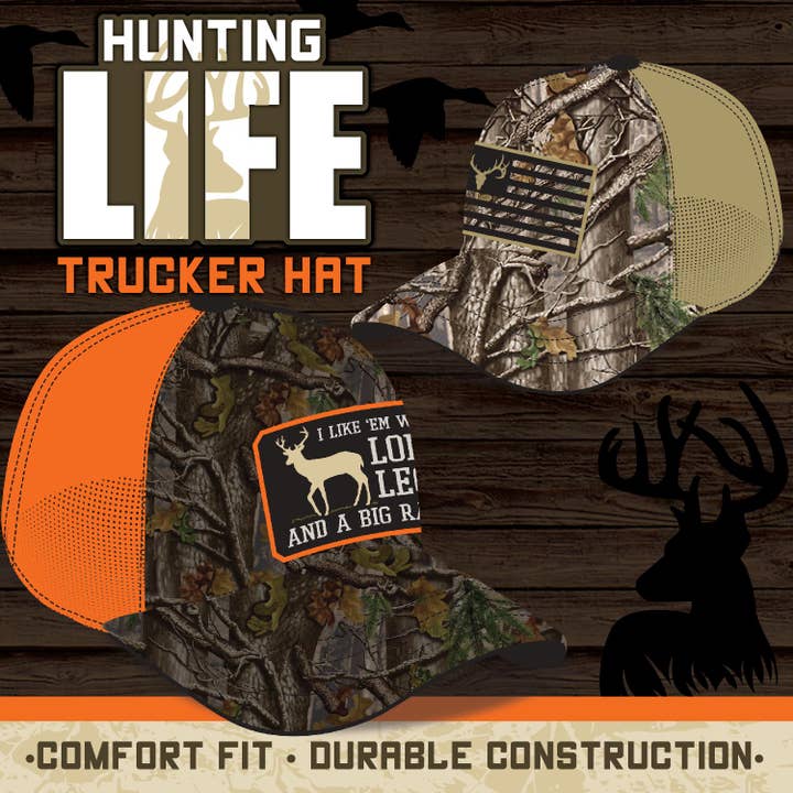 Novelty Brands - Wholesale Trucker Hat - Unisex - Hunting Life Trucker Hat with Patch Assortment - 6/Display1