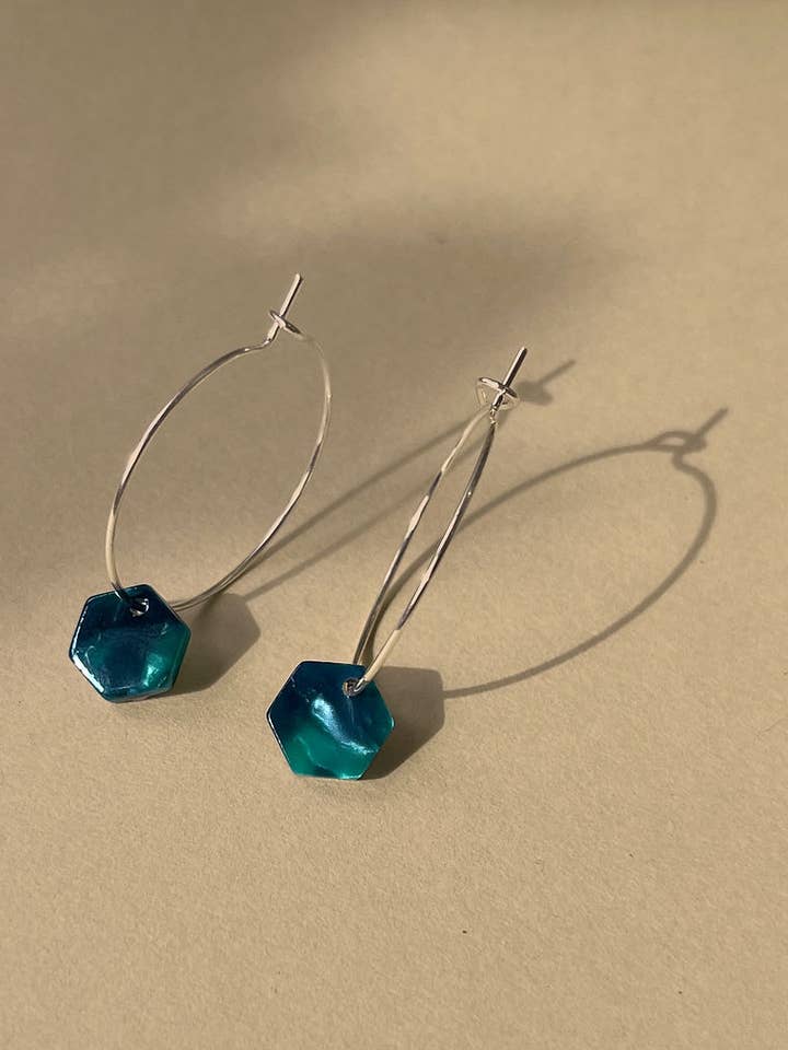 Silver Plated Mini Green Hexagon Hoops for wholesale by Aloë Earrings