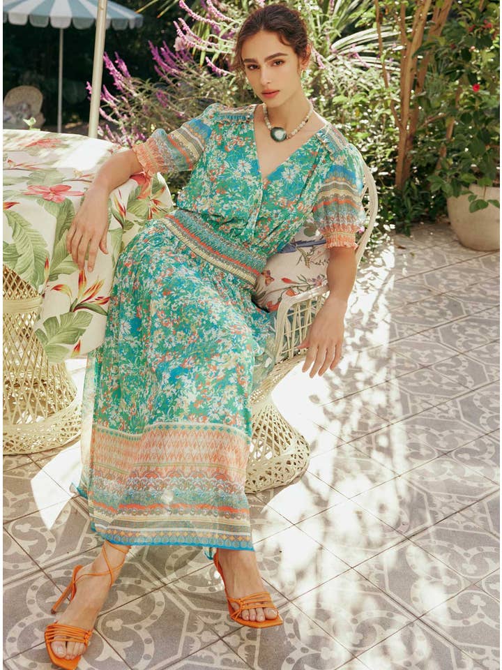 Green Multi Floral Border Print Surplice Midi Dress for wholesale on Faire