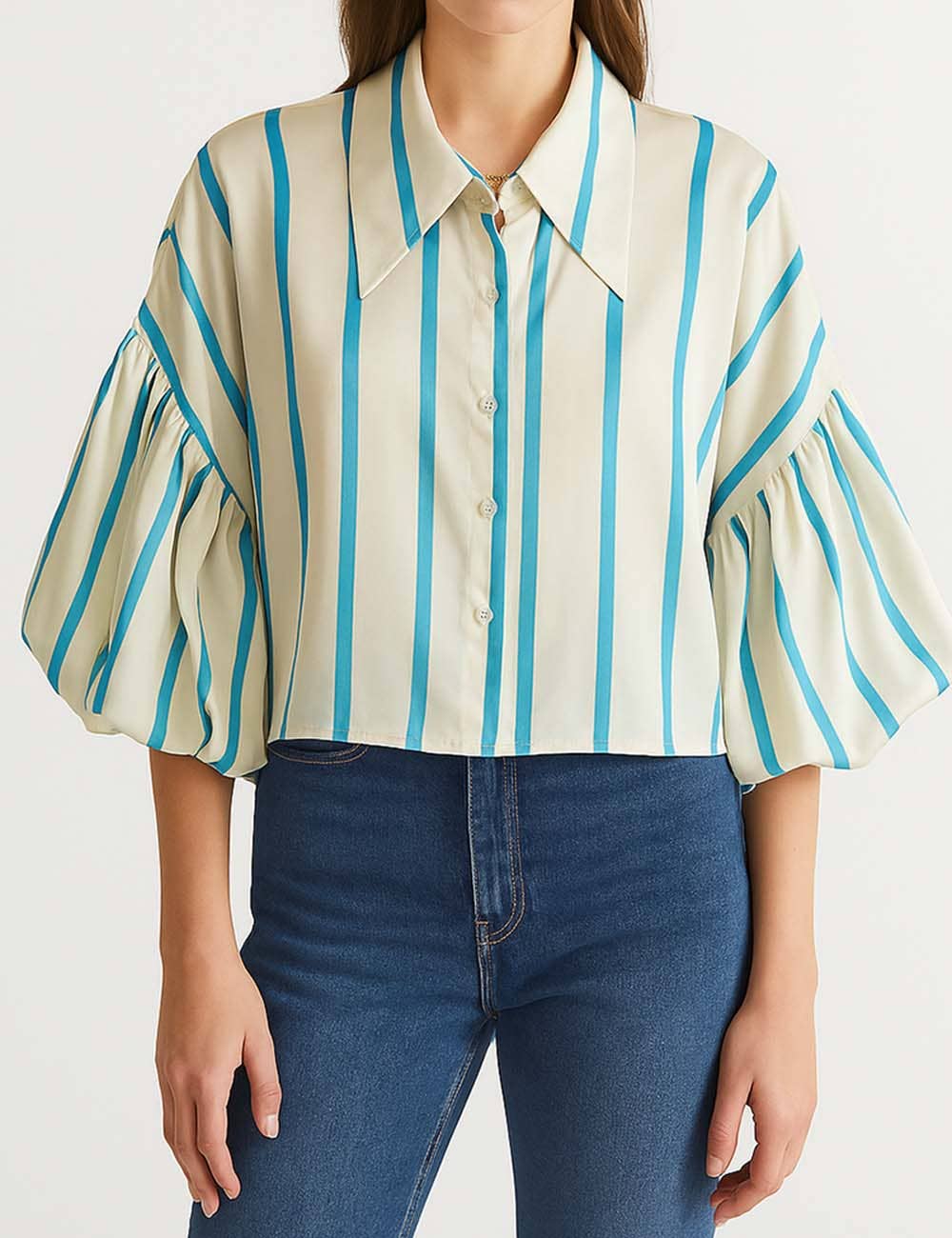 Sweetkama – wholesale Buttoned-down shirt – Women's – Ladies Striped Puff Sleeves Button Shirt SP0686