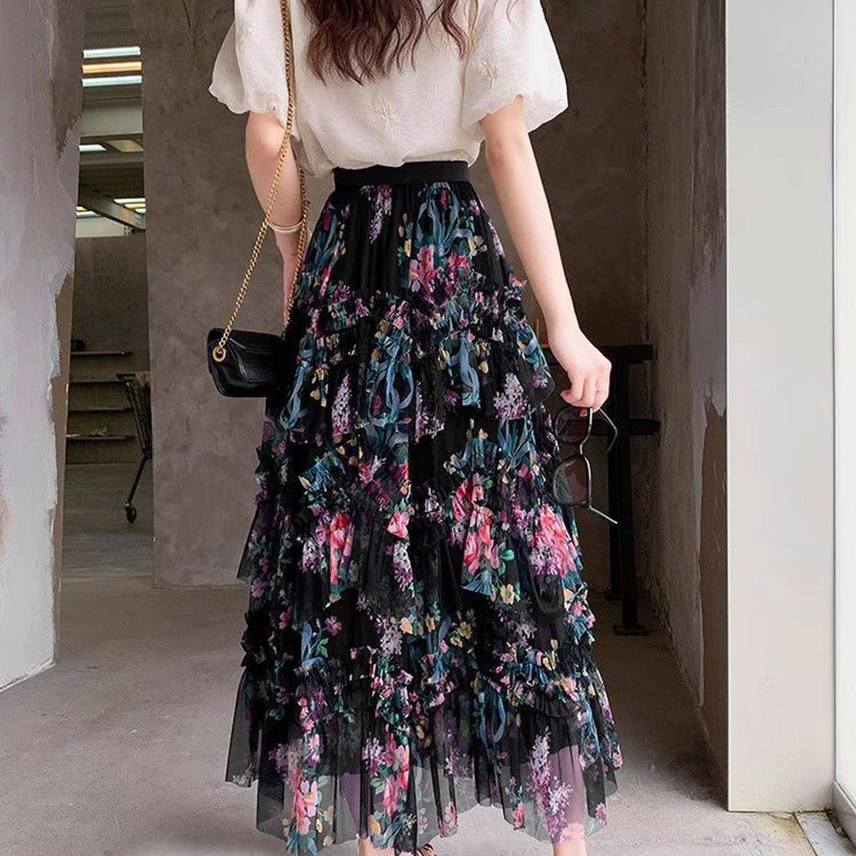ACCITY - Wholesale Skirt - Women's - COLORFUL FLORAL MESH PRINT PLEATED TULLE SKIRT_CWBLS039931