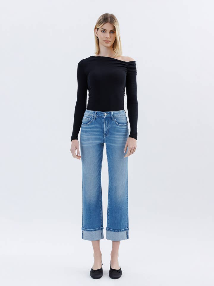 HØJ TALJE OPBRETTEDE CROP STRAIGHT JEANS F6093 for engroshandel hos FLYING MONKEY