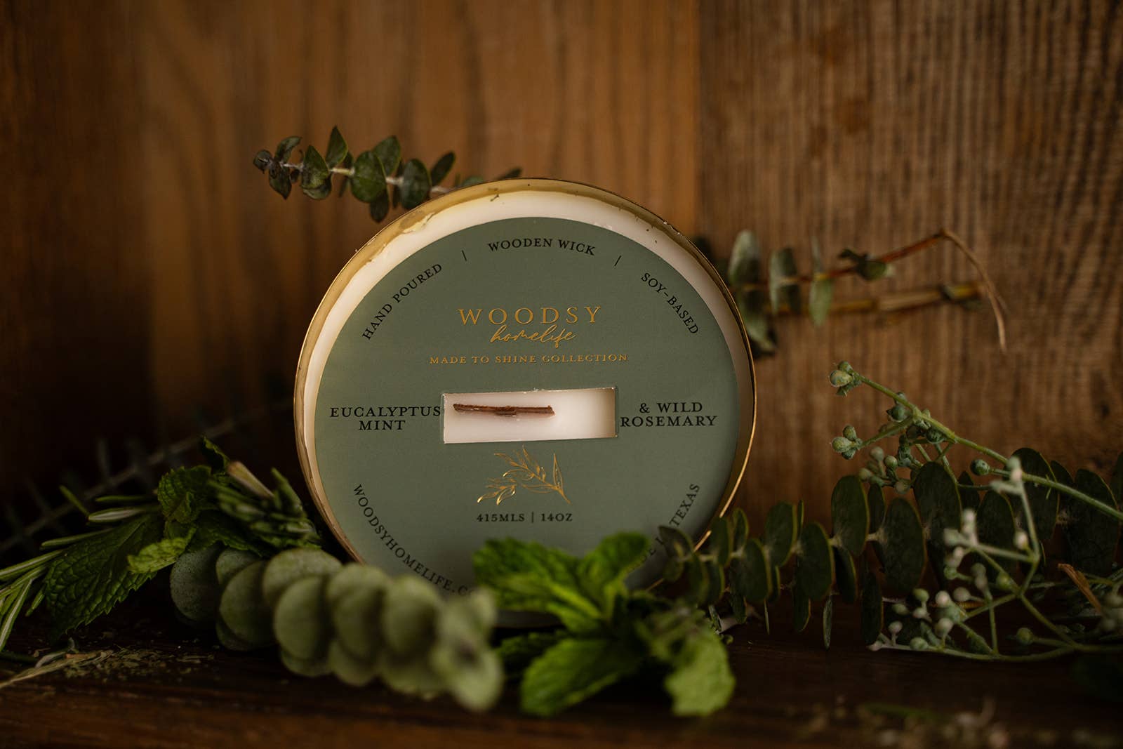 Woodsy Homelife – wholesale Jar/filled candle – Eucalyptus Mint & Wild Rosemary | Brass 14oz Pure Soy Candle0