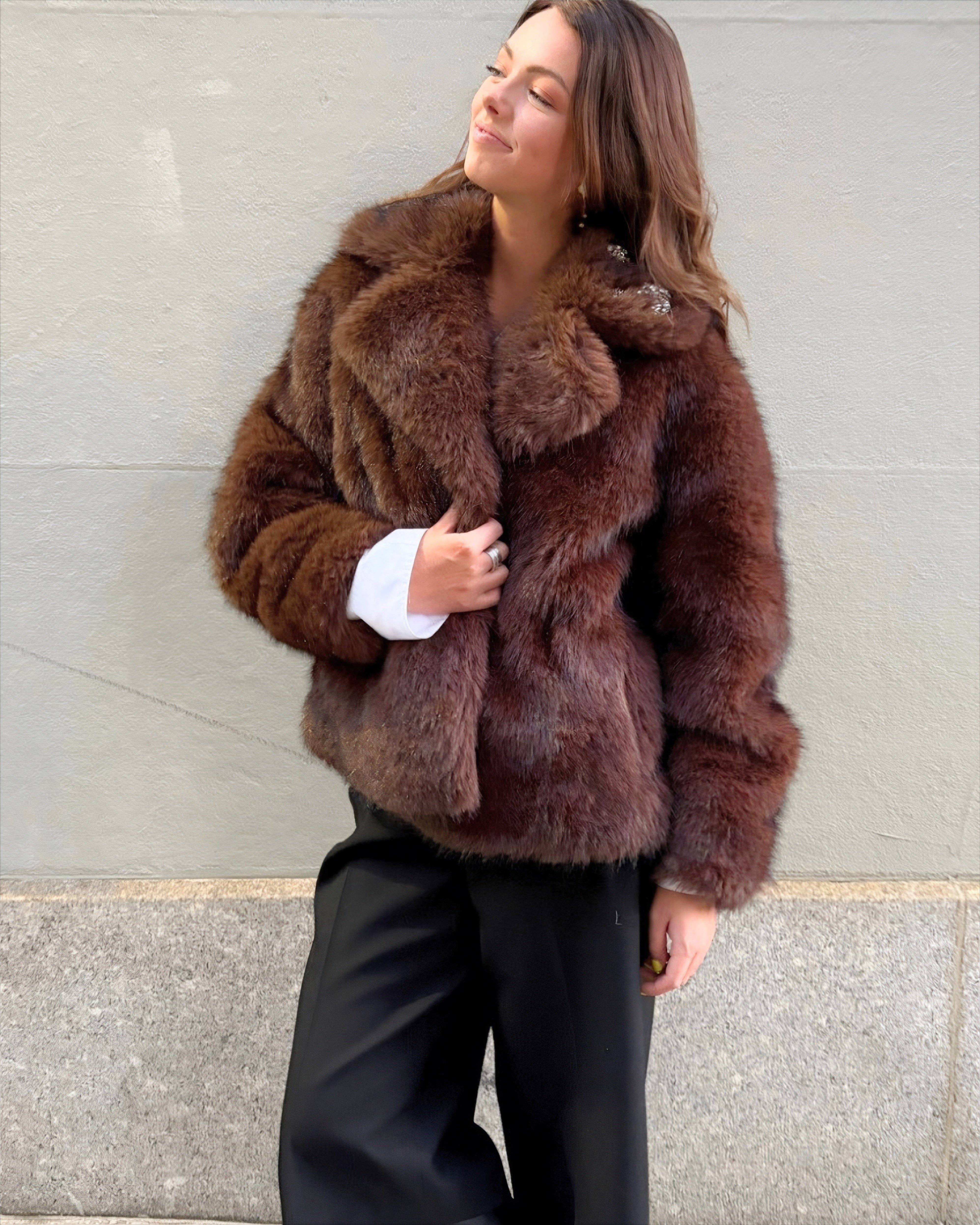 Chocolate The Kovack Faux Fur Jacket for wholesale on Faire6