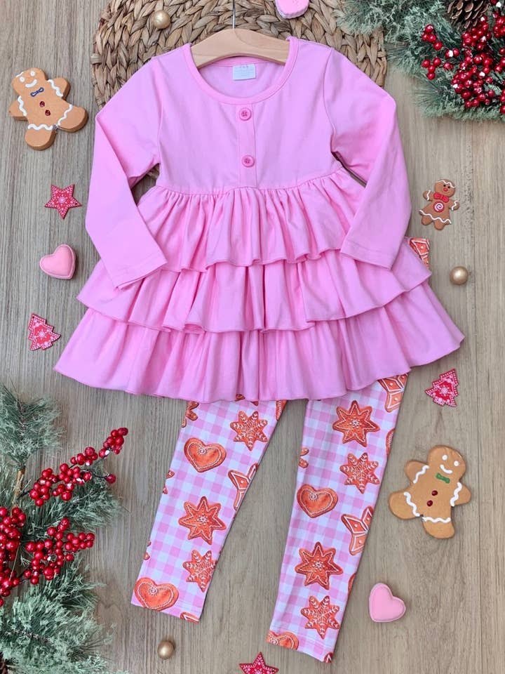 Pink Christmas Cookies Tiered Ruffle Tunic and Legging Set for wholesale on Faire