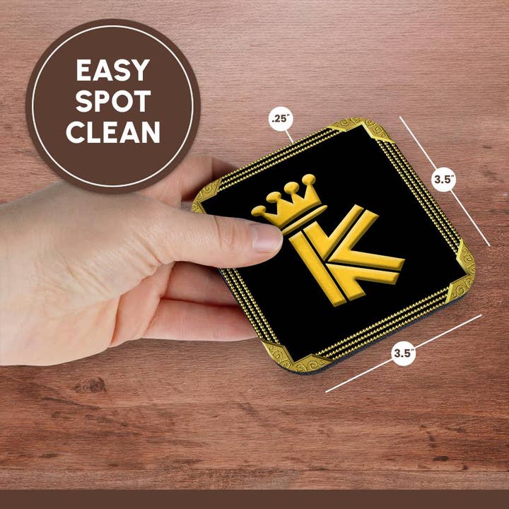 3dRose - Wholesale Coasters - 3dRose, King, queen crown, rich frame. Yellow on black. Alluring letter K, Coaster13
