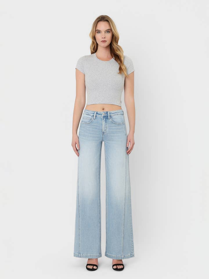 HIGH RISE LIGHT WASH SIDE PANEL WIDE LEG JEANS T7284 for wholesale by VERVET by FLYING MONKEY