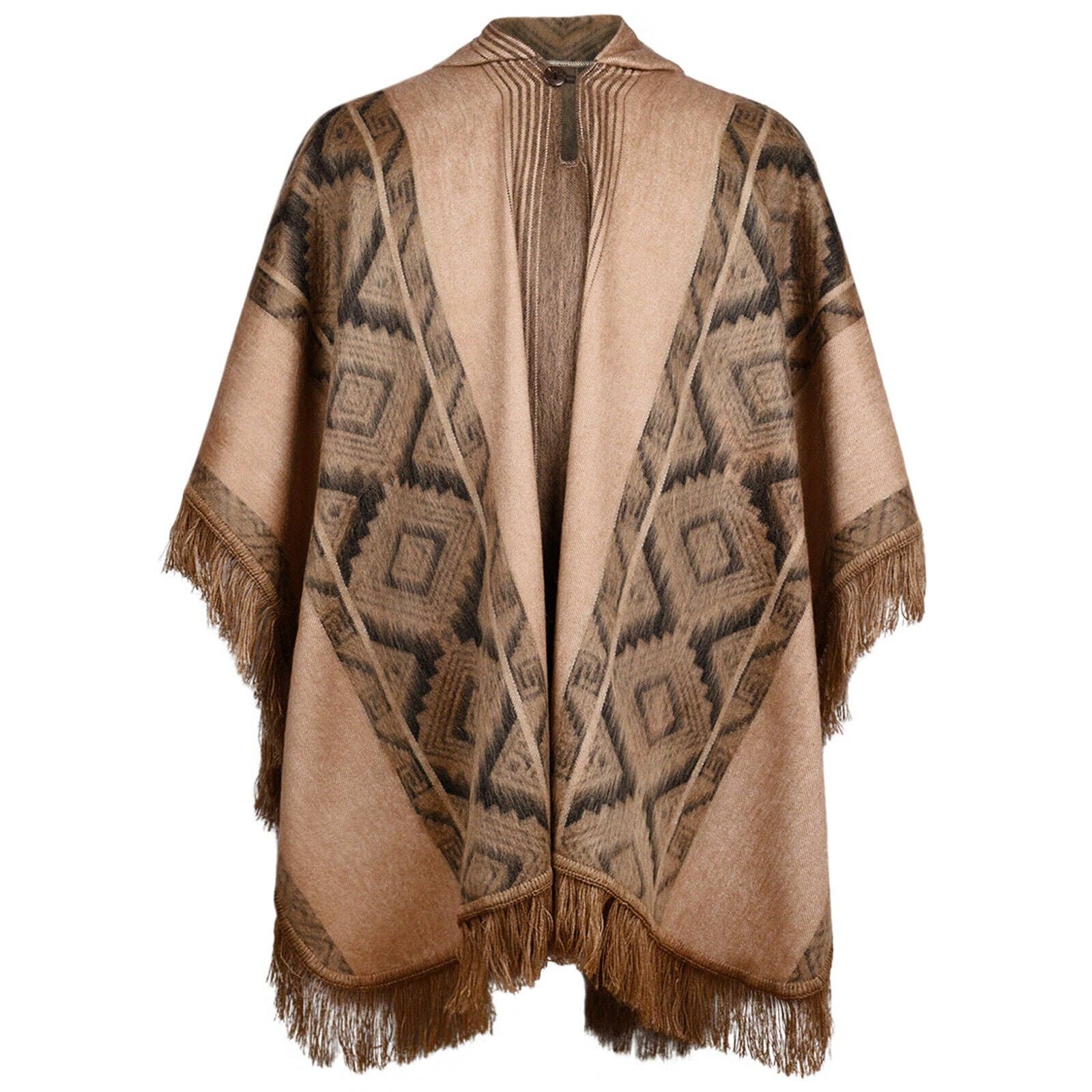 ECUALAMA – wholesale Poncho – Women's – Conambo - Lightweight Baby Alpaca Fringed Hooded Poncho - Taupe & Charcoal - Unisex4