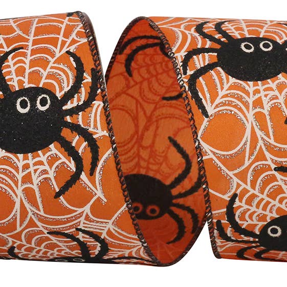 RELIANT RIBBON - Wholesale Ribbon - Gift Wrapping - Spider Web Glitter Halloween Wired Edge, Orange, 2-1/2 In