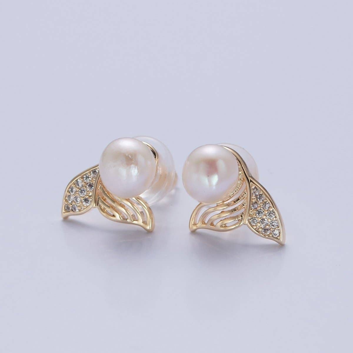Aim Eternal - Wholesale Stud/Post Earrings - White Pearl with Gold Micro Pave Mermaid Tail Stud Earring V-3970