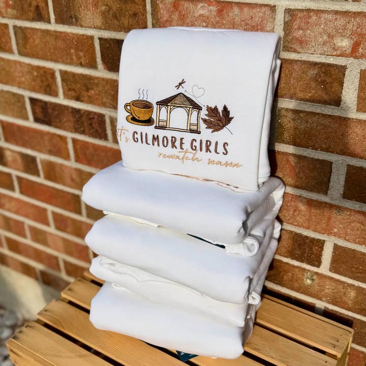 It’s Gilmore Girls Rewatch Season Fall Embroidered Crewneck Sweatshirt – Cozy Autumn Pullover – Rory & Lorelai Inspired – Fall Coffee Crewneck for wholesale by Swain Co. Embroidery & Press