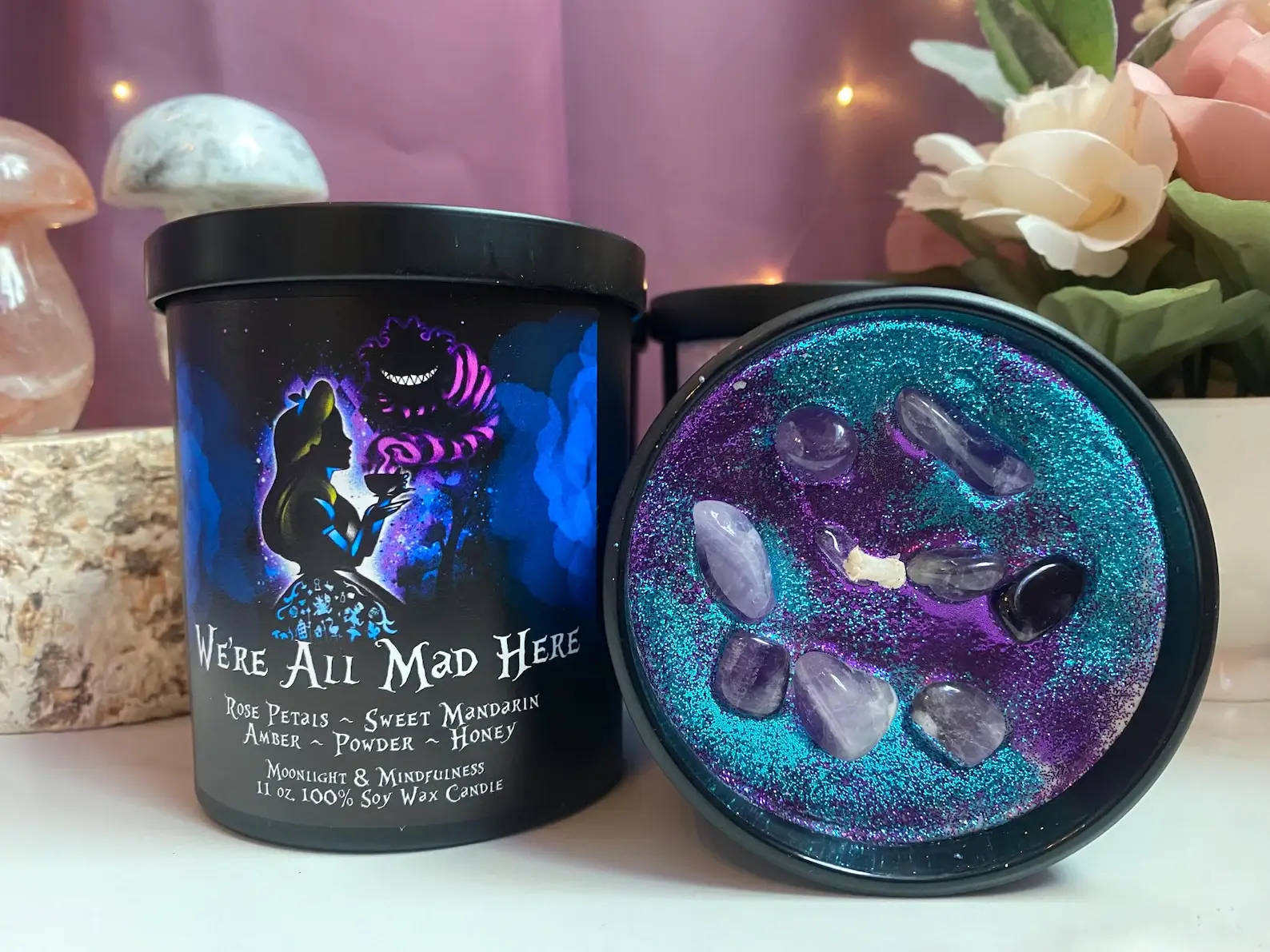 Moonlight & Mindfulness - Wholesale Jar/Filled Candle - We're All Mad Here Soy Wax Crystal Candle1
