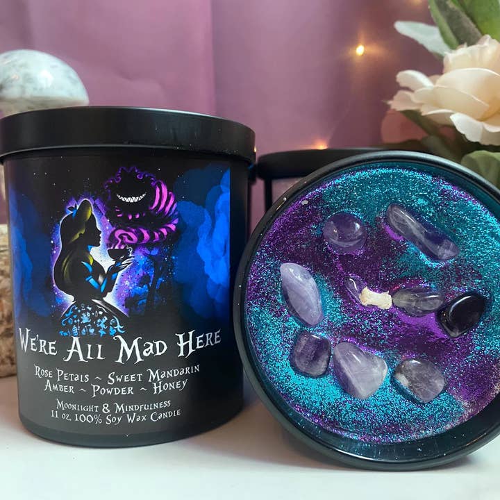 Moonlight & Mindfulness - Wholesale Jar/Filled Candle - We're All Mad Here Soy Wax Crystal Candle1
