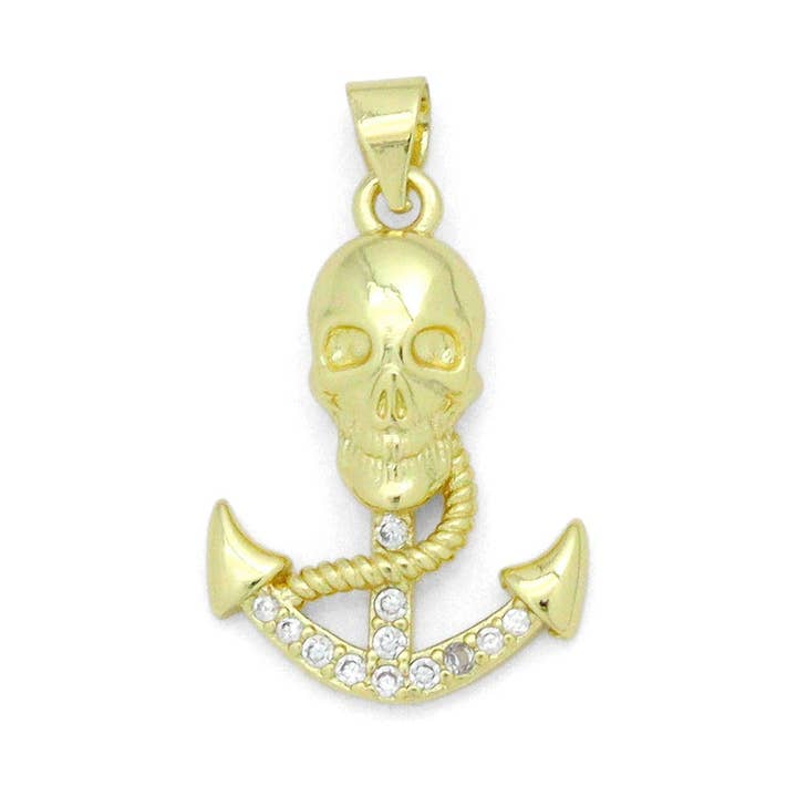 CZ Gold Skull On Anchor Charm Pendant, Sku#LK1167 for wholesale by BestBeads&Beyond