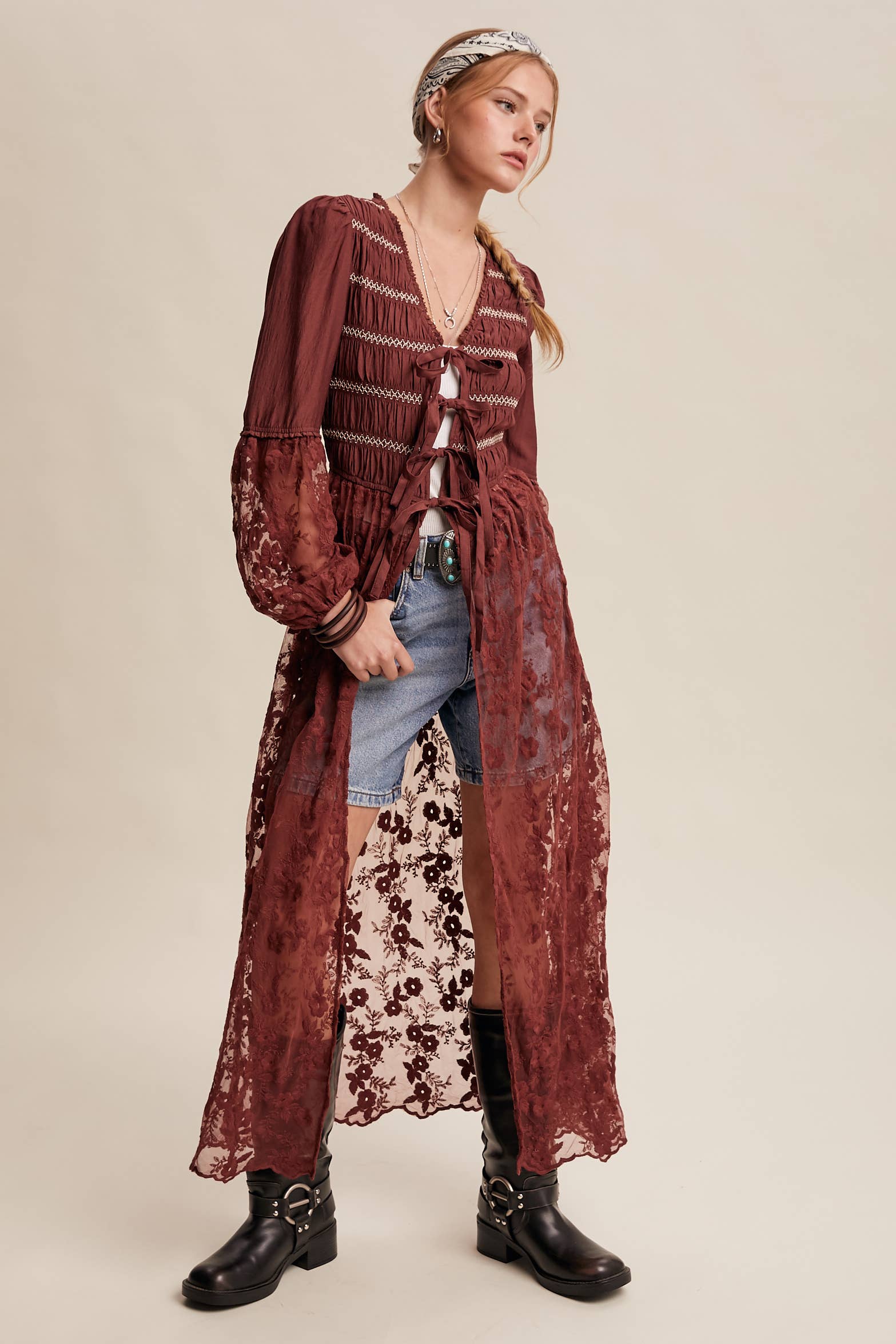 Listicle - Wholesale Kimono - Women's - Lace-Up Embroidered Maxi Kimono LJ026120