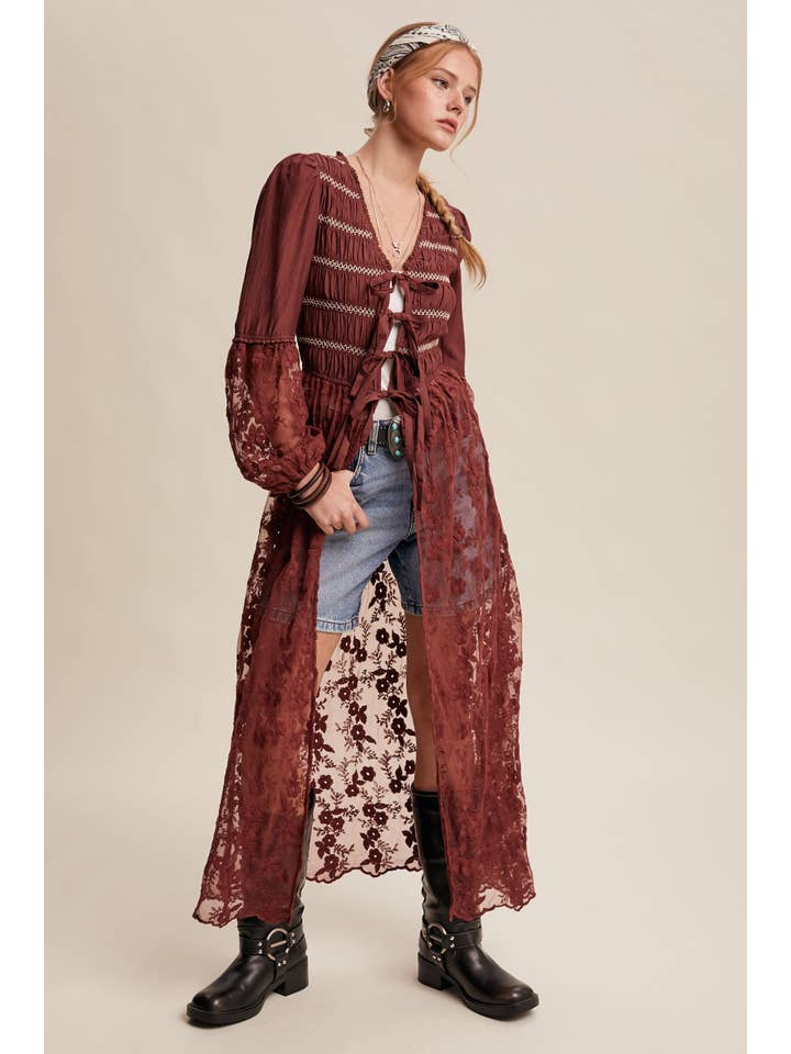 Listicle - Wholesale Kimono - Women's - Lace-Up Embroidered Maxi Kimono LJ026120