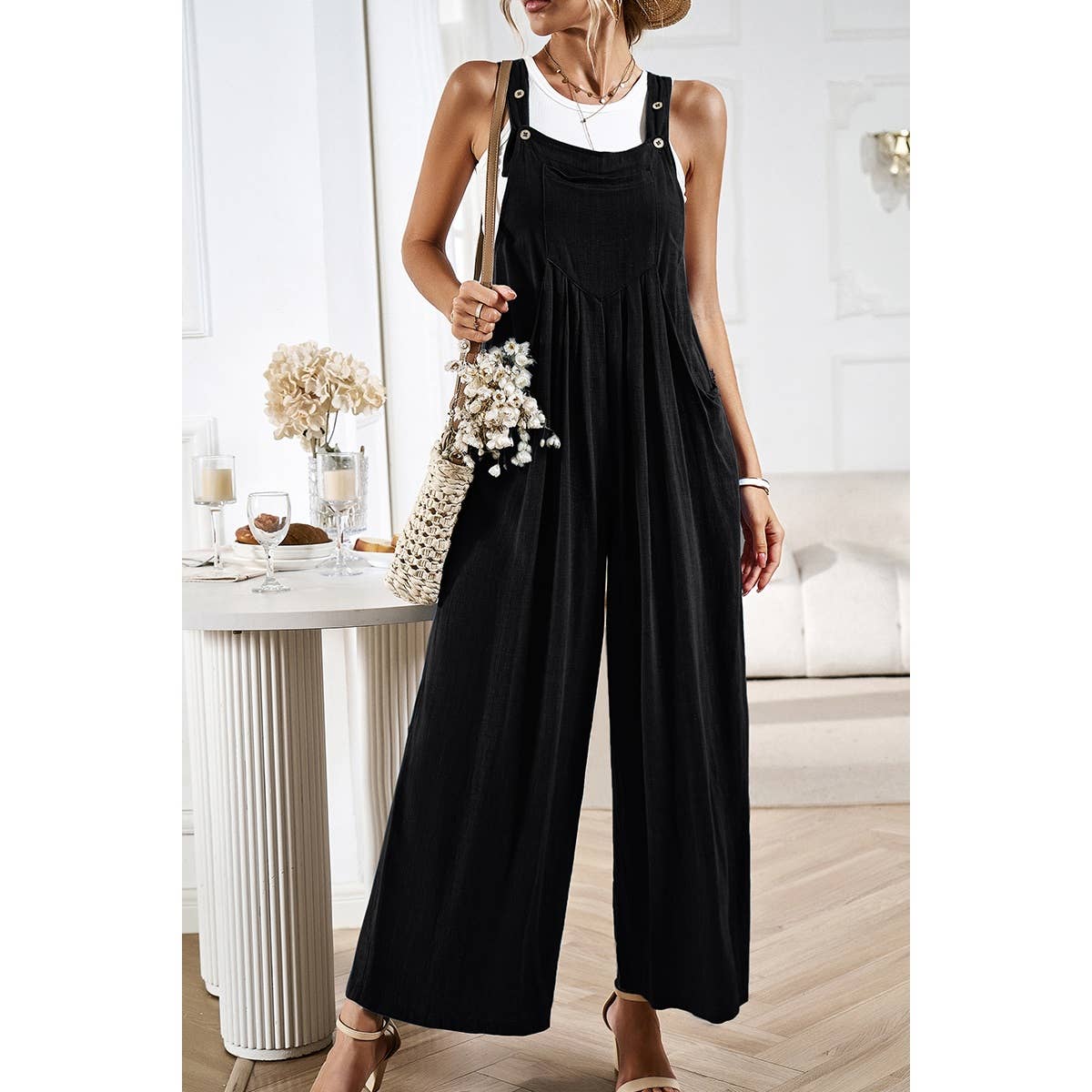 Supreme Fashion - Wholesale Overalls - Women's - Button Detail Wide Leg Overall Pockets Jumpsuit3
