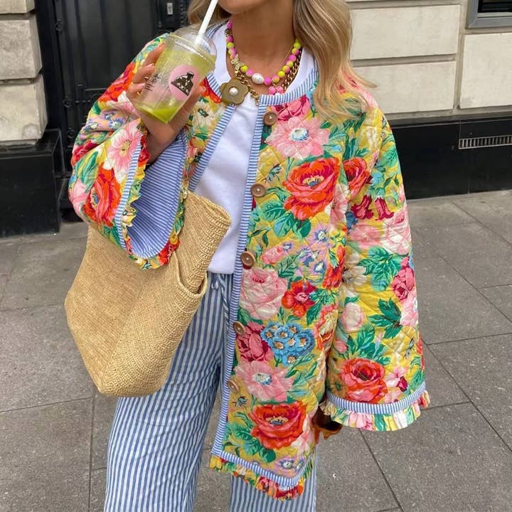 FLORAL PRINT CREW NECK PUFF SLEEVE QUILTED JACKETS_CWOJA1549 for wholesale by ACCITY