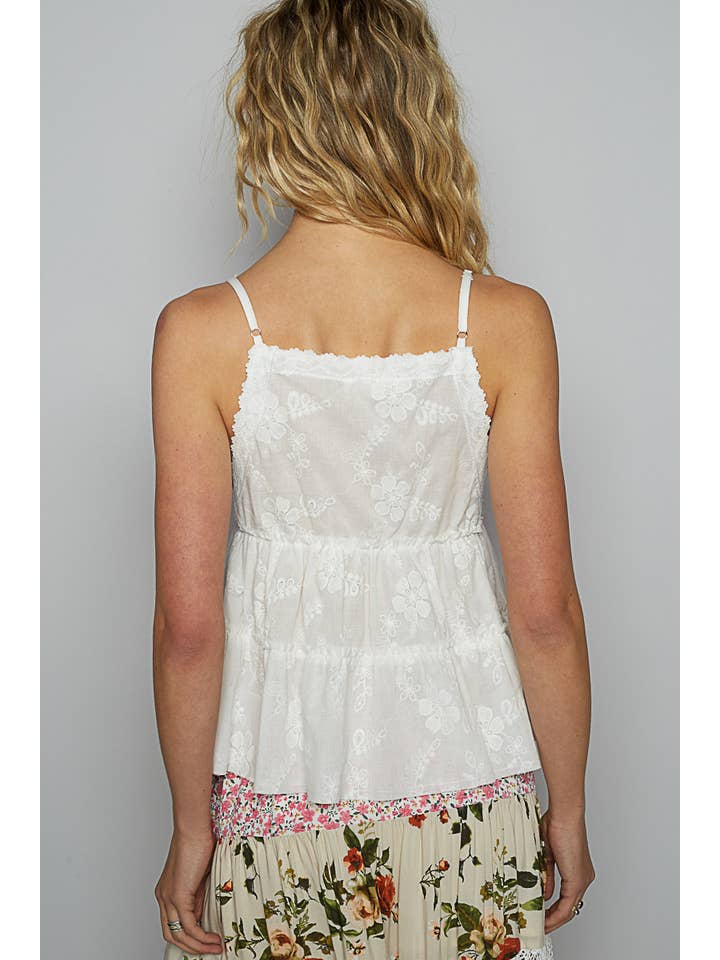 OFF WHITE V neck sleeveless trim shirring ruffle solid top for wholesale on Faire