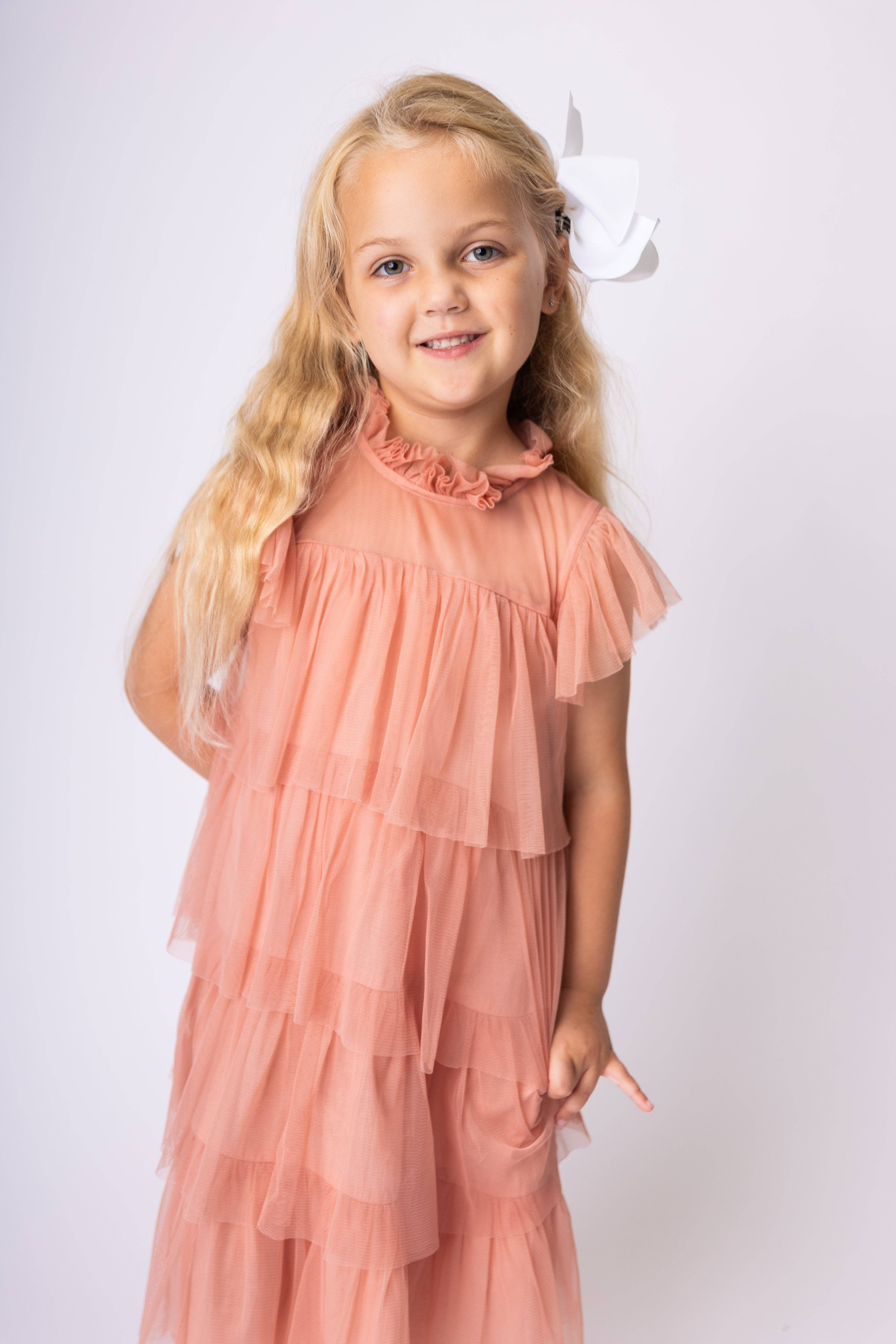 Yo Baby – wholesale Dress – Kids – Dark Pink Tulle Solid Color Neck & Sleeve Ruffled Tiered Dress2