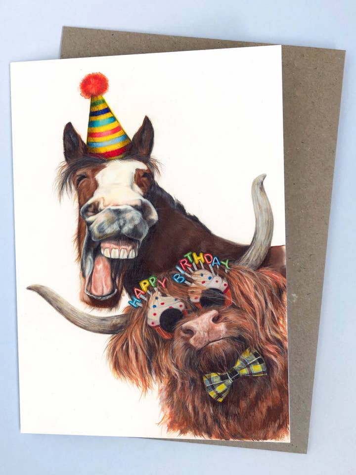 A Highland Soirée (Birthday Card) | Highland Cow Card for wholesale by Art by Lana Mathieson