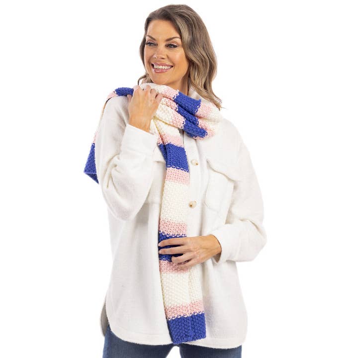 Pink/Blue/Cream Stripes Crochet Scarf for wholesale on Faire