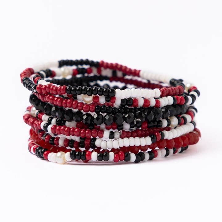 Game Day Beaded 10 Strand Stretch Bracelets Dark Red, Black, White Wholesale for wholesale by INK + ALLOY