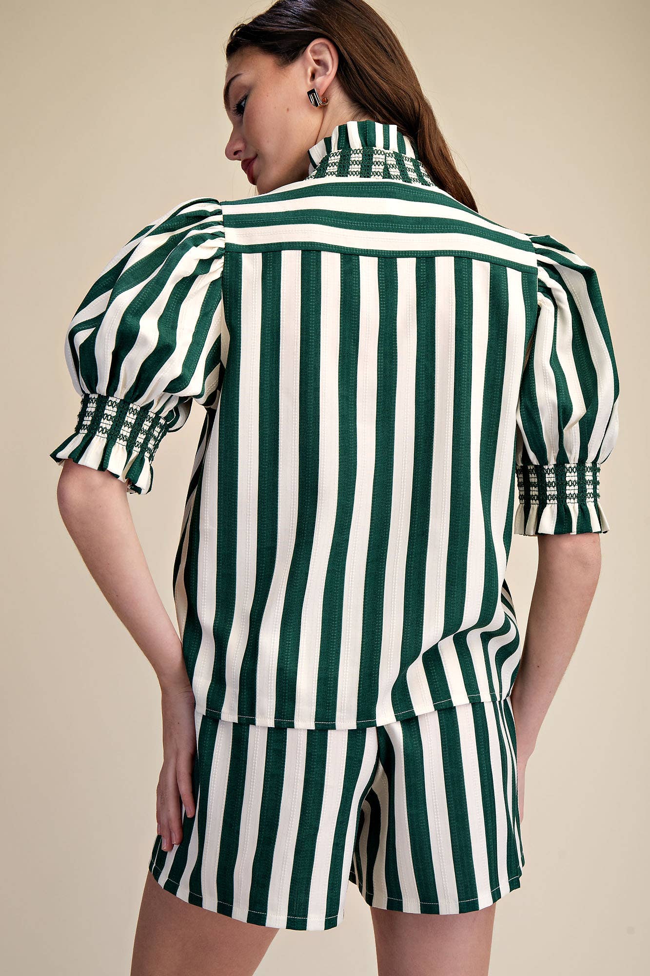 Glam - Wholesale Blouse - Women's - Ruffle V-Neck Smocked Puff Sleeve Blouse14