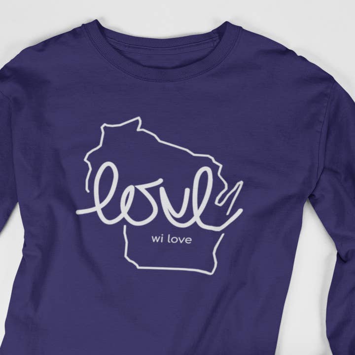 WI Love (Wisconsin Love) Langarm-T-Shirt in Marineblau und Weiß für den Großhandel von Wear.Love