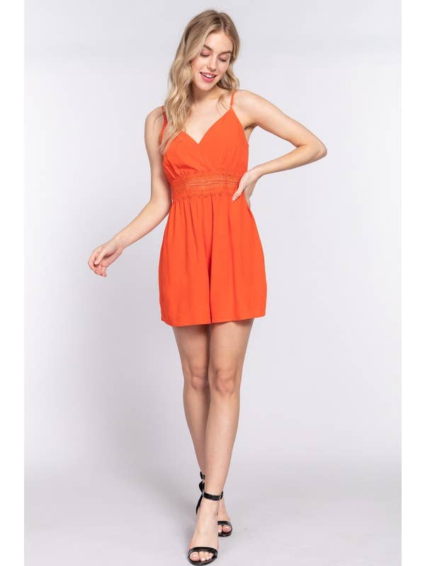 Active Basic | Active USA - Wholesale Romper - Women's - V-neck With Wrap Waist Lace Trim Back Cross Strap