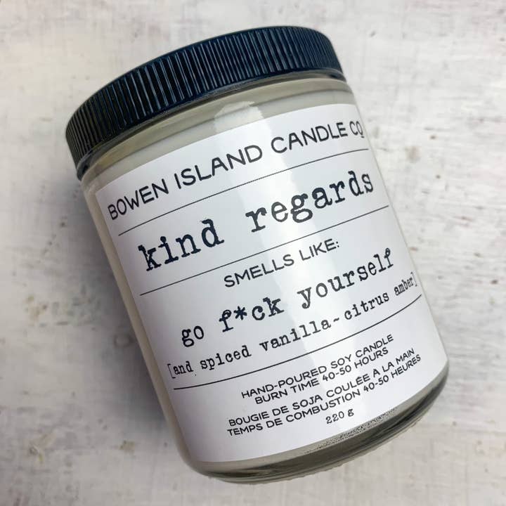 WHOLESALE 4 PACK Kind Regards - spiced vanilla + citrus amber - Soy Candle - office gift, coworker gift, funny gift for wholesale by Bowen Island Soap Company