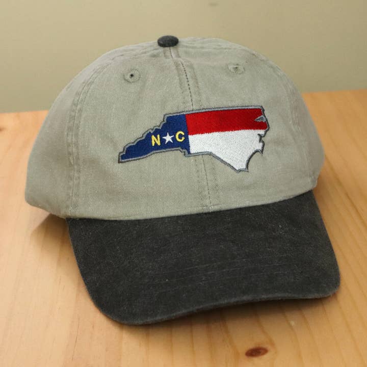 NC Flag Hat, Embroidered Adult Baseball Cap, Stone/Black for wholesale by Stitched by Tempa