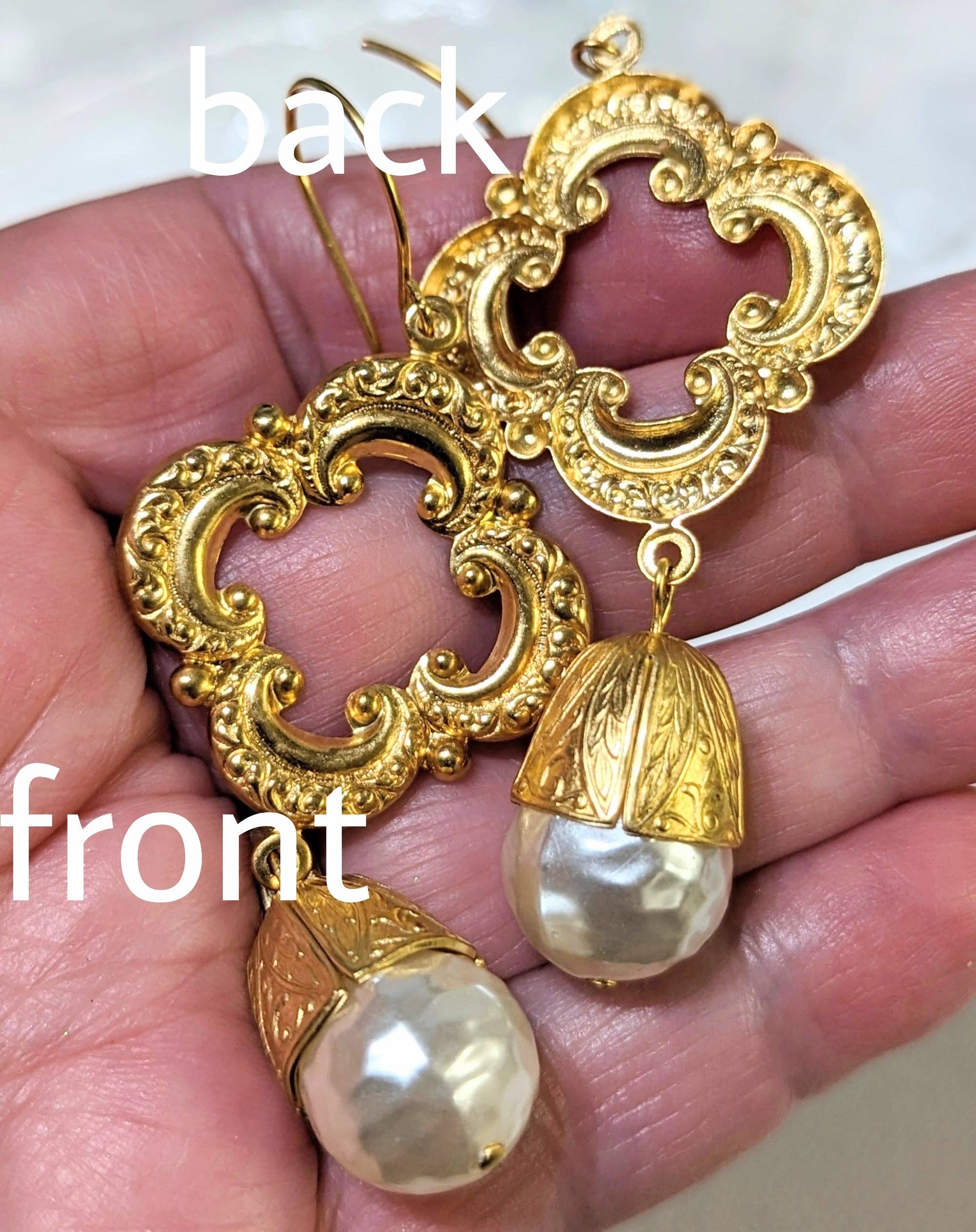 Gay Isber Designs - Wholesale Dangle Earrings - Gold Plated Elegant Vintage Cream Pearl Drop Earrings 3 inch Long USA Made by Sugar Gay Isber unisex-adult Bridal Other colors available7