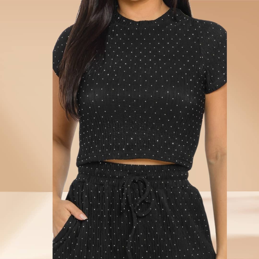 Celystrends – Engroshandel Top- og buksesæt (IKKE Loungewear) - Dame – Pyntet todelt buksetsæt med kort top og snoretræksbukser3