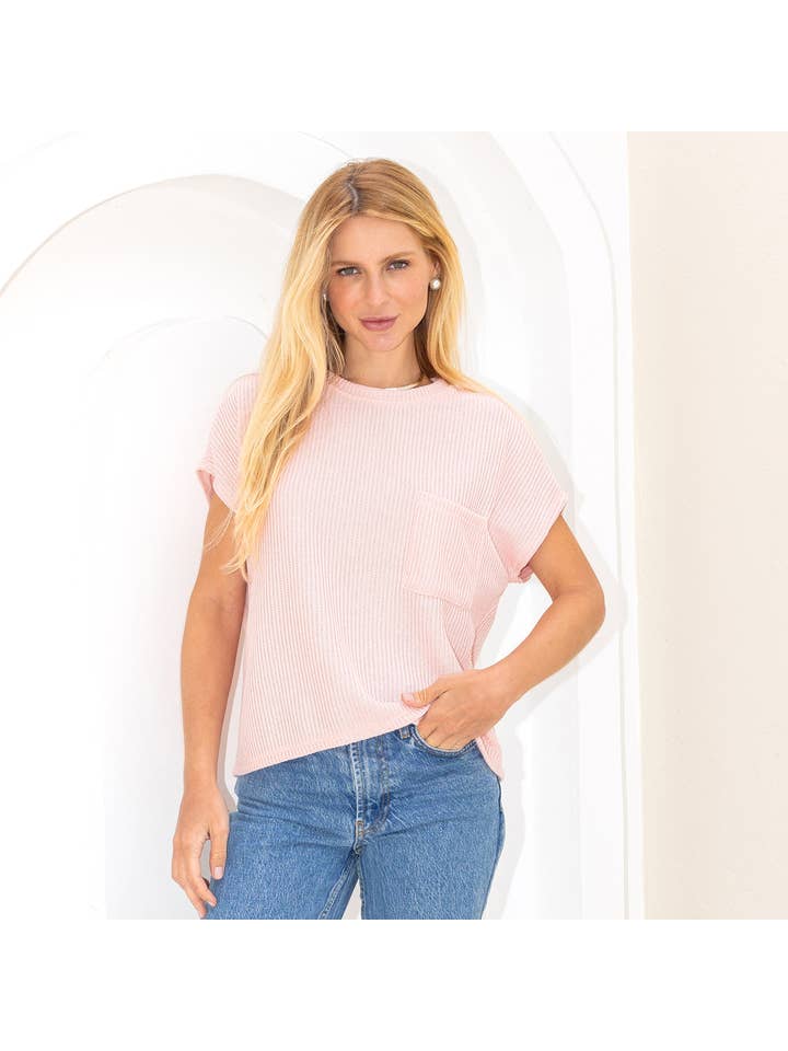 Les Amis - Wholesale Knit Top - Women's - Knitted Solid Short Sleeve Top with Pockets