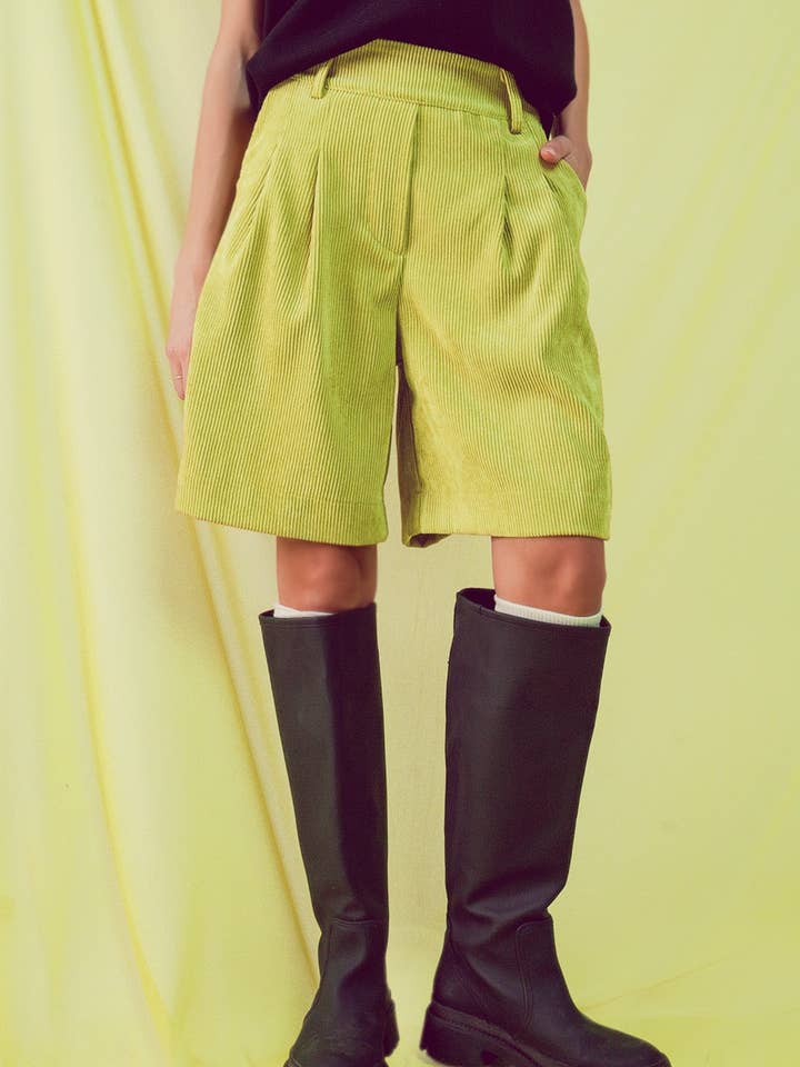 Longline short in lime cord for wholesale by Q2—All Orders:Free Duties for the US,UK,and Canada