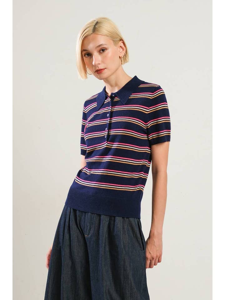 A stripe button down polo sweater top - FSW1112 NAVY M for wholesale on Faire