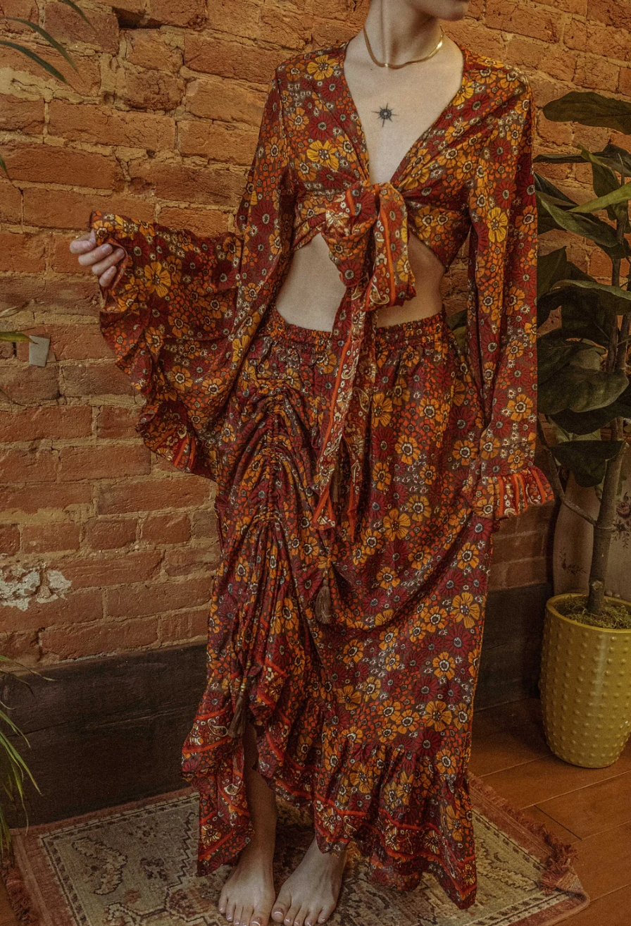 Gardenbelle Shop - Wholesale Skirt - Women's - Hippie Boho Silk Cinch Skirt, Ruffle Floral Maxi Skirt6