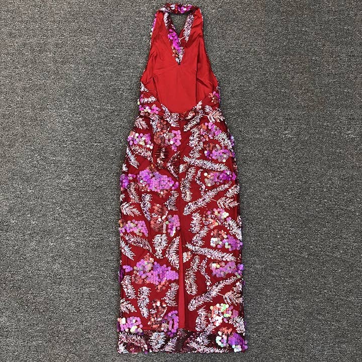 Color as pictures DR546 Vibrant Sequin Floral Embroidered Mesh Halter Dress for wholesale on Faire7