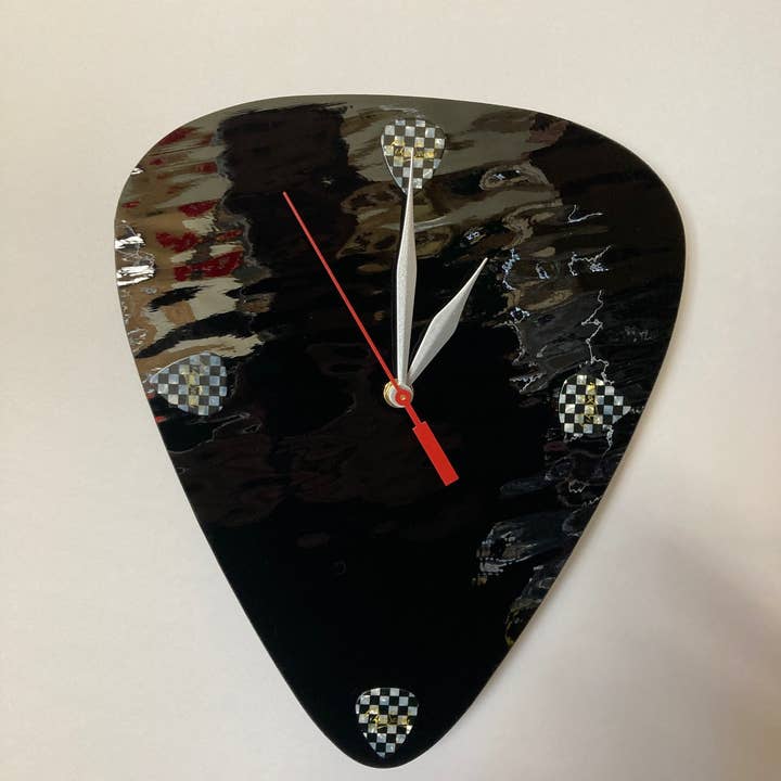 Black Art Glass Guitar Pick Wall Clock - Black Wave Checker for wholesale by Rocking The Clock