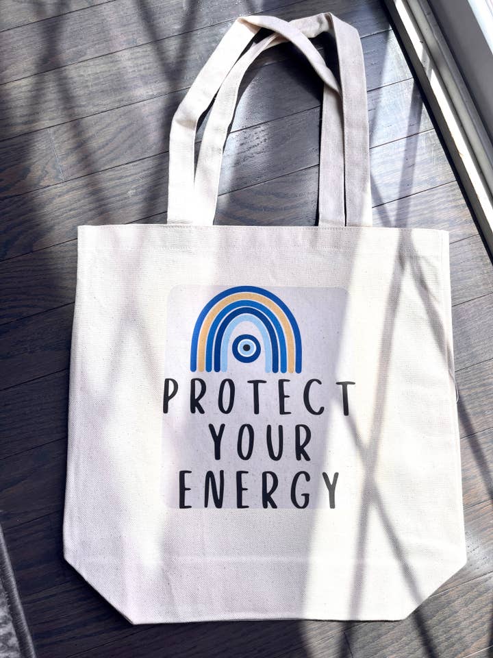 Protect Your Energy Evil Eye Canvas Tote for wholesale by Wicks and Whims