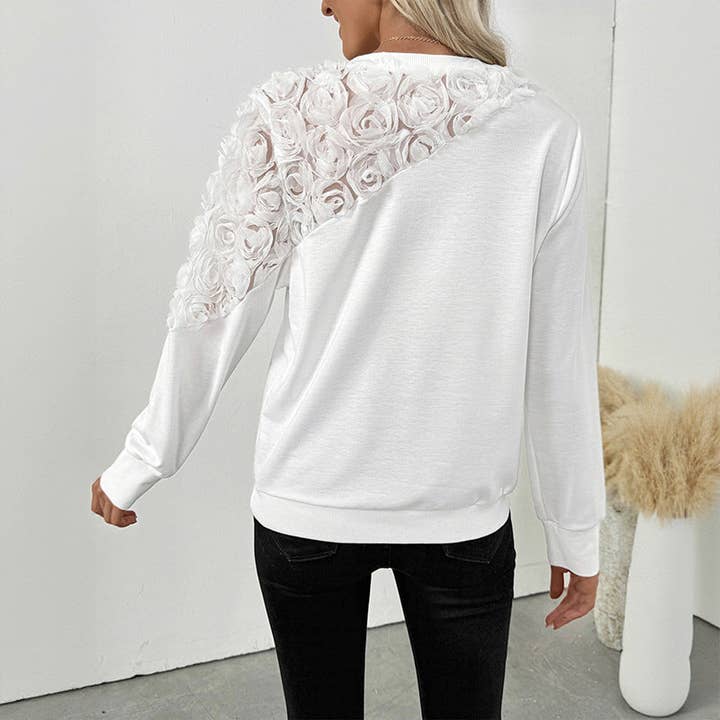 3D Rose Crew Sweater  In Lightweight White N5Z498 for wholesale on Faire4