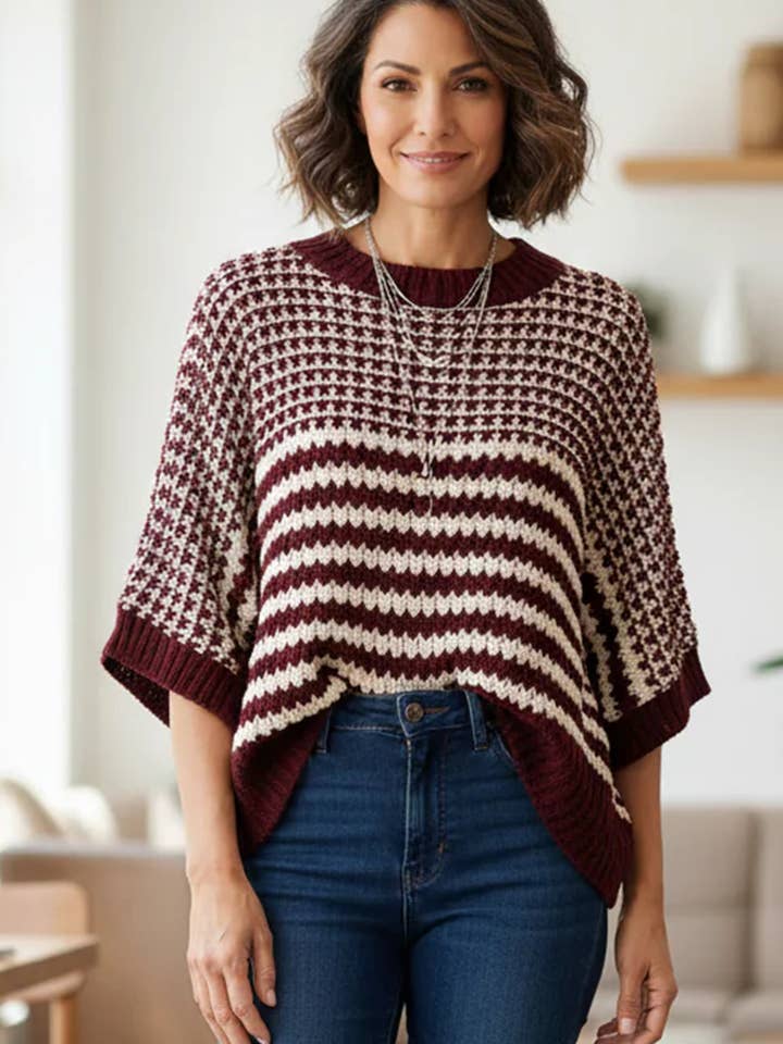 Suhkasana - Wholesale Knit Sweater - Women's - Red Striped Slouchy Knit Sweater with 3/4 Draped Sleeves14