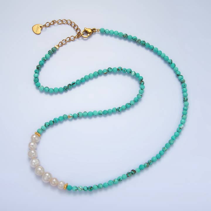 Aim Eternal - Wholesale Beaded/Pearl Necklace - 14K Gold Filled Pearl Turquoise Beaded Necklace | WA-26500