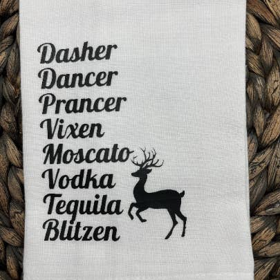 Dirty Grove by Hazel Grove Customs - Wholesale Tea Towel - Funny Christmas Kitchen Towel/Rag Reindeer And Alcohol Towel